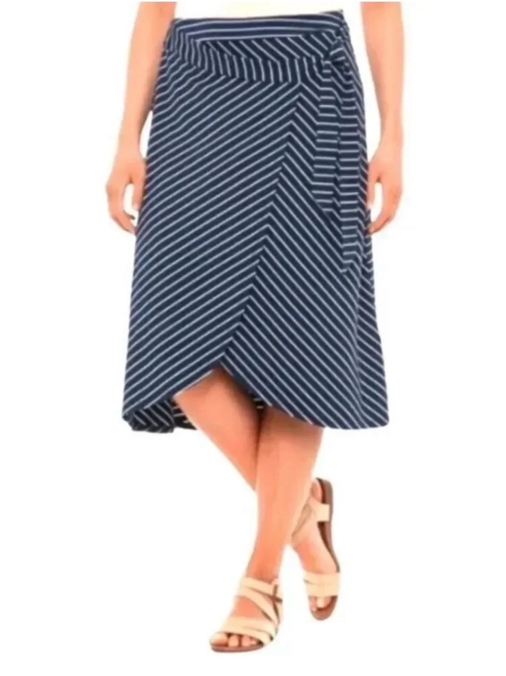 Adrienne Vittadini Striped Navy & White Jersey Faux Wrap Midi Skirt - Size Small